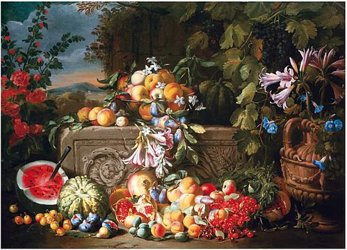 "Abraham_Brueghel_-_A_still_life_of_a_watermelon,_cherries,_peaches,_apricots,_plums,_pomegranates_and_figs,_with_lilies,_roses,_morning_glory_and_other_flowers_on_an_acanthus_stone_relief.jpg" by User:FRAYK