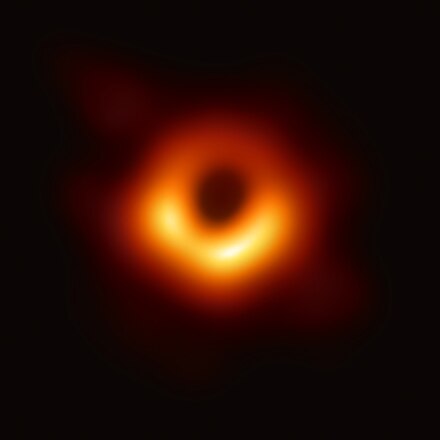 The supermassive black hole at the core of supergiant elliptical galaxy Messier 87, with a mass about 7 billion times that of the Sun, as depicted in the first false-colour image in radio waves released by the Event Horizon Telescope (10 April 2019)