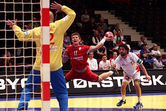 "DEN_-_ESP_(03)_-_2010_European_Men's_Handball_Championship.jpg" by User:Steindy