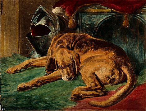 "A_dead_bloodhound_lying_on_a_rug_next_to_a_helmet_and_a_loom_Wellcome_V0020857.jpg" by User:Fæ