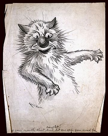 'Caught! Keep your mouth shut and let me open your mind for you'. Drawing by Louis Wain