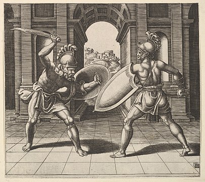 "Two_gladiators_fighting_in_front_of_an_arch_MET_DP824474.jpg" by User:Pharos